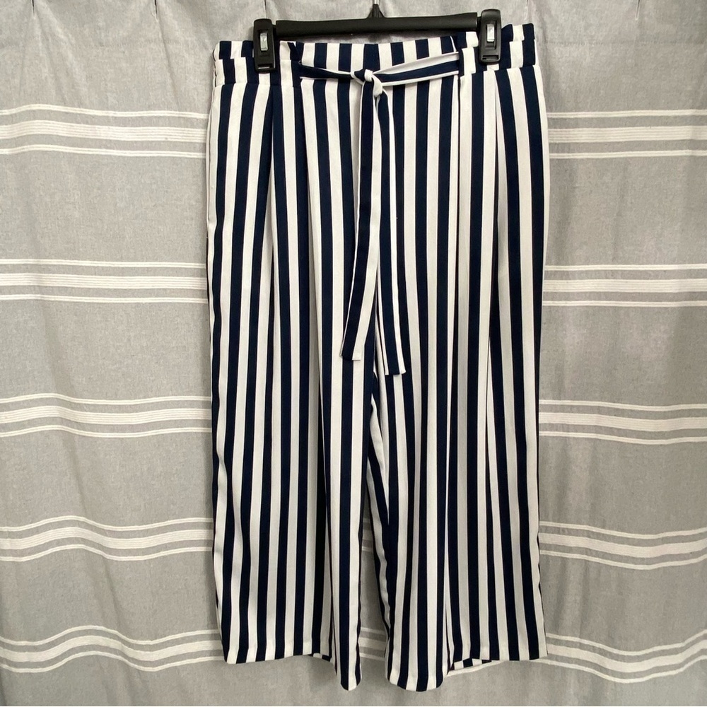 ZARA / Basics Blue & White Striped High Rise Wide Leg Crop Pants Size L